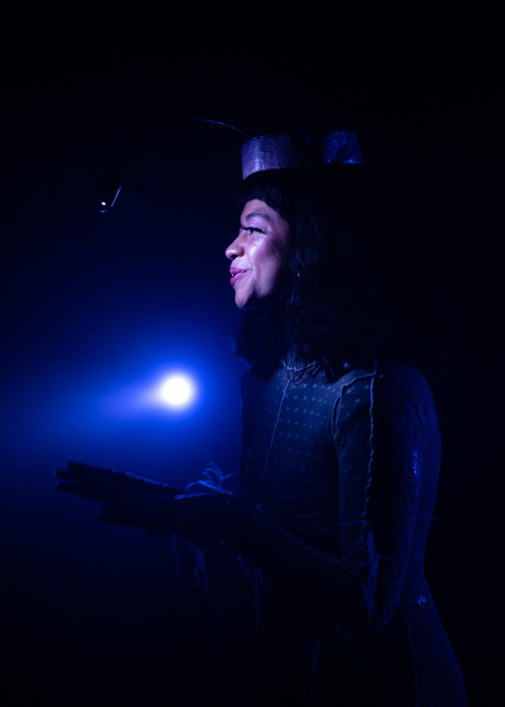 Sur un fond sombre, un projecteur d’une lumière bleuâtre illumine un personnage depuis l’arrière, la passagère. La passagère est au premier plan. Elle porte un chapeau avec une lampe accrochée dessus comme une antenne d’insecte. Cette lampe illumine son visage. Elle est souriante et semble être en train de raconter quelque chose. Elle a les cheveux mi-long noir foncé et épais. Elle porte un costume en tissu fin, presque transparent avec des poids et quelques plumes par ci, par là.
