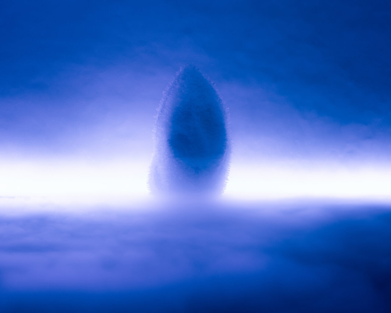 Marvin est au loin, sur un fond bleu-violet, on ne perçoit que la silhouette de son costume à plume. Il a l'air de nous faire dos et sa silhouette fait penser à une larve ou un oeuf. Le sol est enfumé.