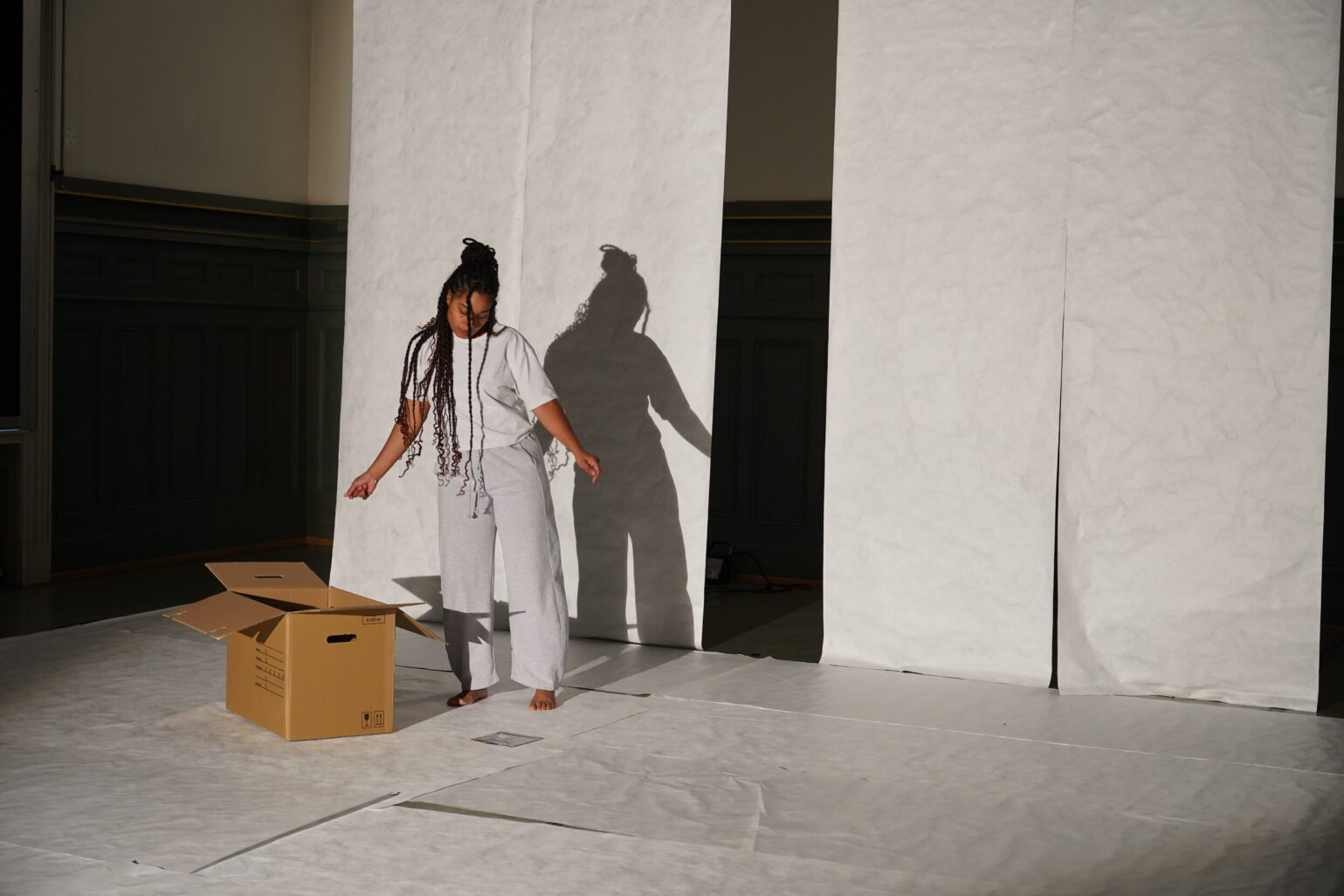 ELLE est seule sur scène en mouvement. Devant elle, il y a une boite en carton qui fait contraste avec la scénograhie toute blanche.
