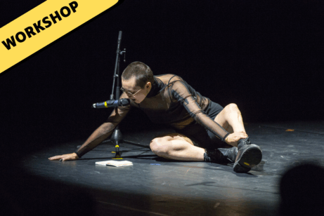 L'artiste Lucie Camous est une personne blanche, assis parterre sur une scène de théâtre, face à un micro avec lequel iel performe une lecture. Iel a le crane rasé, les cheveux foncés et porte des lunettes. Iel est habillé d'un manche longue transparent et des shorts noirs.